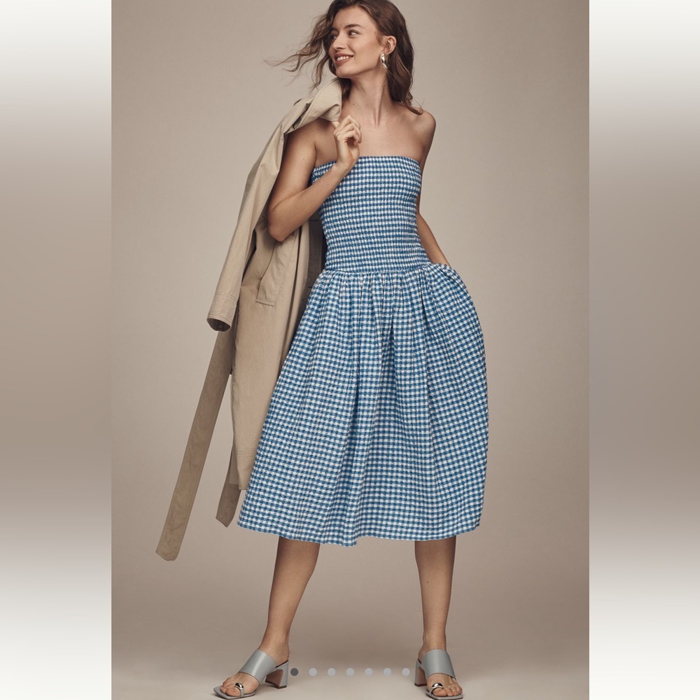 Maeve | Strapless Blue Checkered Dress